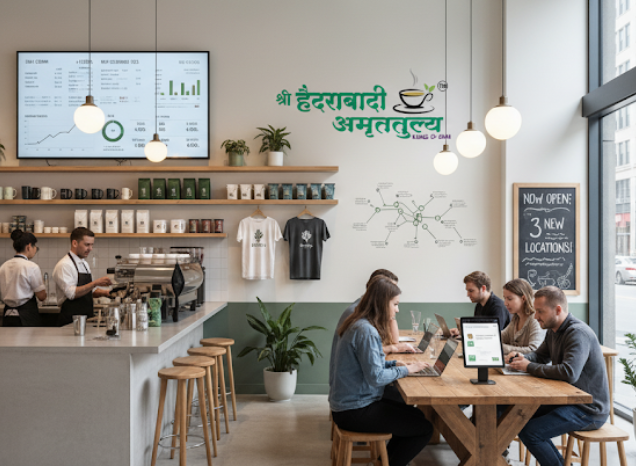 Modern cafe setup with business growth elements